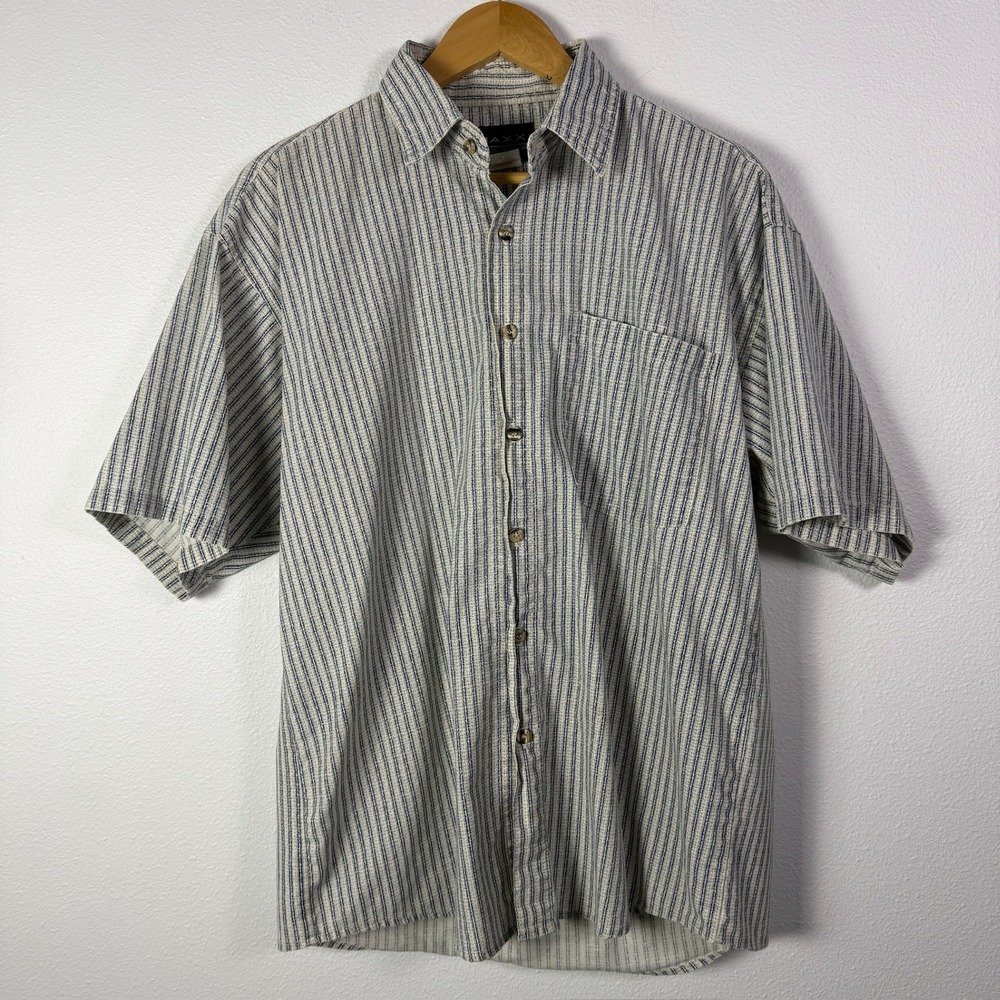 MAXX Button Down Shirt Mens Medium Blue Tan Good Striped Short Sleeve Cotton USA